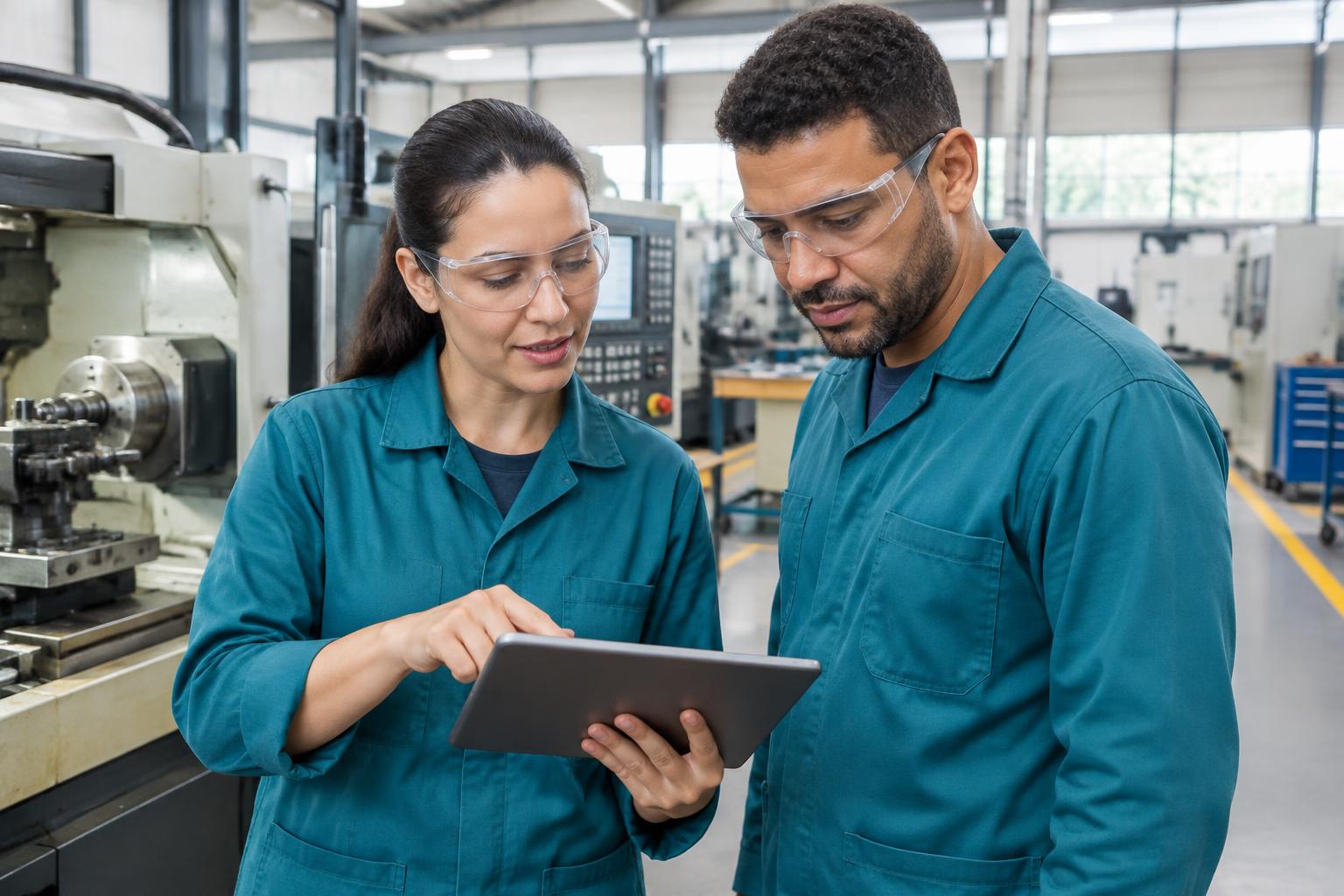 Equipe industrial acompanha uma atividade e seu registro no tablet