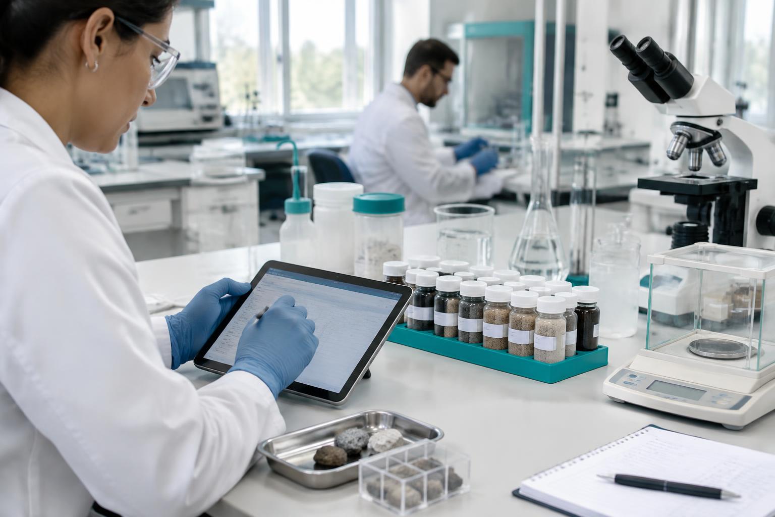 Equipe em laboratório de pesquisa e controle de qualidade